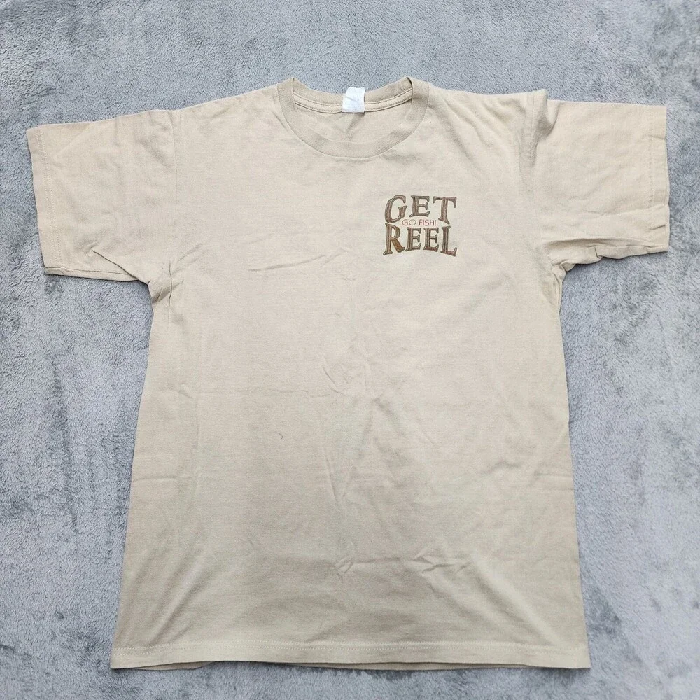 Get Reel Go Fish Shirt Men's Brown T-Shirt Peacock Bass Size M